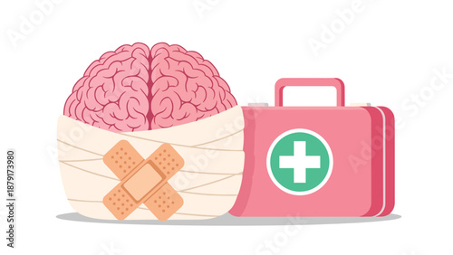 Symbolic illustration of a human brain carefully wrapped in bandages with a plaster, positioned beside a vibrant pink first aid kit.
