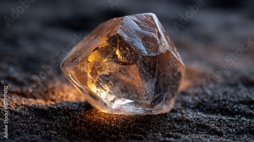 Close up of a single unpolished raw diamond crystal with translucent facets and warm glow on textured dark ground 