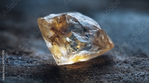 Close up of a single unpolished raw diamond crystal with translucent facets and warm glow on textured dark ground 
