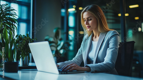 Business woman working on laptop. Female freelancer