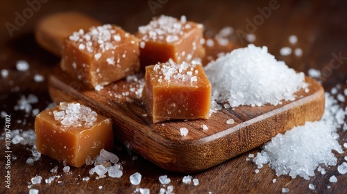 Delicate Sea Salt Caramels on Wooden Board Surrounded by Flaky Sea Salt Crystals, Perfect for Culinary Inspiration and Gourmet Treatsfood