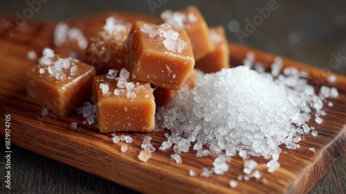 Delicate Sea Salt Caramels on Wooden Board Surrounded by Flaky Sea Salt Crystals, Perfect for Culinary Inspiration and Gourmet Treatsfood
