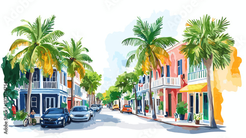 Key West?s Duval Street. Key West?s Duval Street hand drawn watercolor illustration