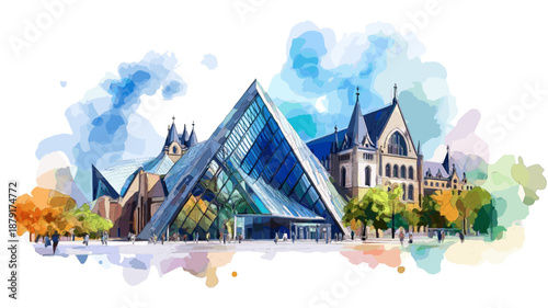 Royal Ontario Museum. Royal Ontario Museum hand drawn watercolor illustration