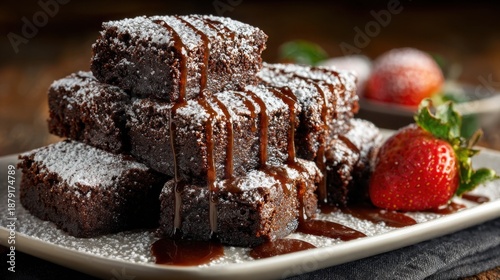 Delicious Shelves of Brownies Topped with Powdered Sugar on a Plate with a Drizzle of Sauce and Strawberry in the Background for Dessert Lovers        cake, chocolate, dessert, food, sweet, plate, bak