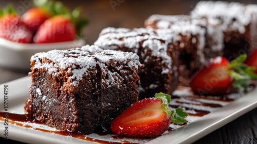 Delicious Shelves of Brownies Topped with Powdered Sugar on a Plate with a Drizzle of Sauce and Strawberry in the Background for Dessert Lovers        cake, chocolate, dessert, food, sweet, plate, bak