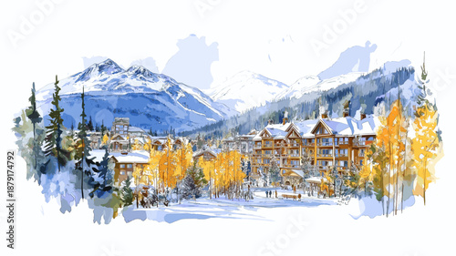 Whistler Blackcomb. Whistler Blackcomb hand drawn watercolor illustration