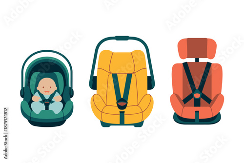 Colorful illustration of baby car seats in different stages and safety features