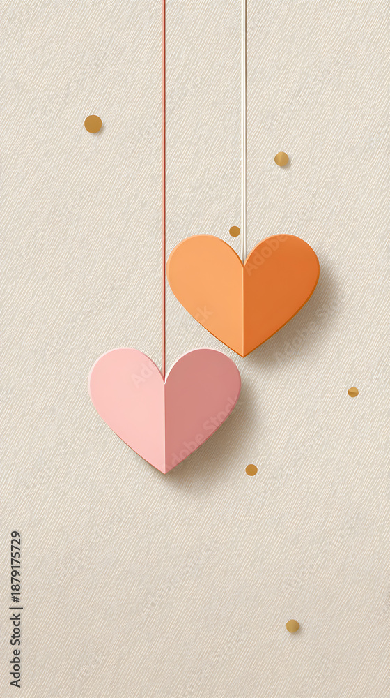 Fototapeta premium una tarjeta de amor o celebracion de san valentin con un fondo beige con puntos dorados con corazones rosa y naranja colgantes con espacio de copia