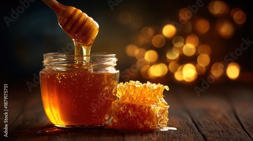 Golden honey dripping into a jar with honeycomb beside it, glowing in warm light. - honey, jar, sweet, glass, healthy, spoon, orange