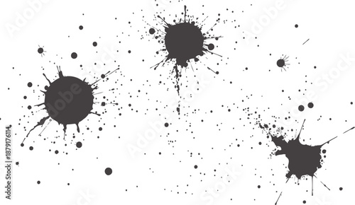 Black ink splatter and grunge paint brush strokes create a textured vector illustration with liquid drip elements and spray spots on a white design background