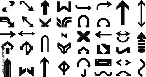 A professional collection of black vector arrow symbols and music instrument icons designed for web interface elements including direction pointers and internet button shapes