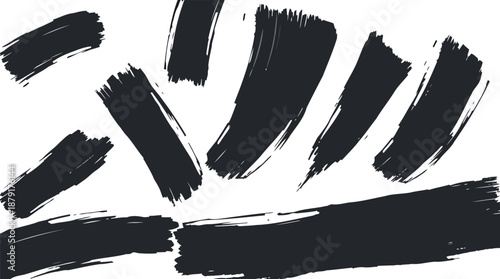 Hand drawn grunge ink splashes and paint brush strokes form a black vector illustration set featuring sketchy borders and dirty splatter elements for an artistic paper frame design