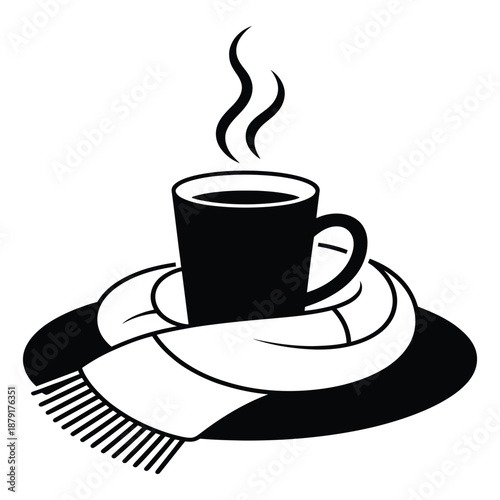 Cup of tea or coffee with scarf warm beverage wrapped in cozy scarf hot drink in winter season vector illustration on white background