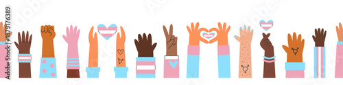 Transgender hands seamless banner, awareness and visibility banner. Cisgender and genderqueer silhouettes with trans flag colors and symbols. Diversity concept.
