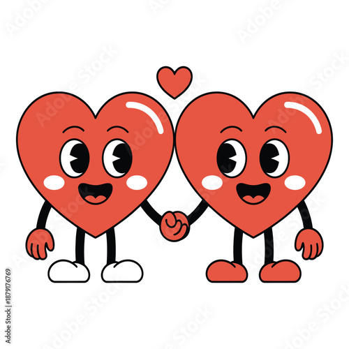 Two happy cartoon hearts holding hands with smiles and legs romantic valentines day friendship love togetherness companionship relationship