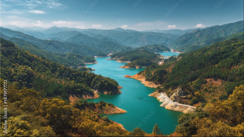 Obraz premium Aerial view of a large lake surrounded by green forest