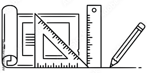 Architectural Drafting Tools Line Icon Set – Ruler, Triangle Scale and Pencil in Minimal Black Outline Vector Illustration 