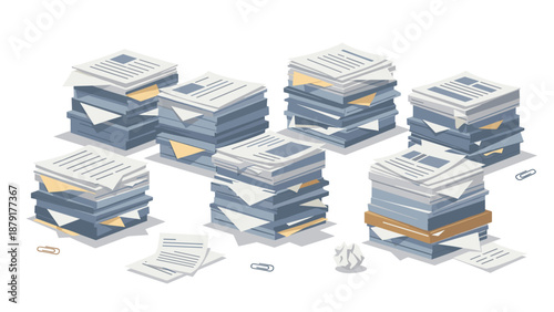 Visual representation of multiple organized stacks of documents and papers, interspersed with crumpled sheets and scattered paperclips, symbolizing office work.