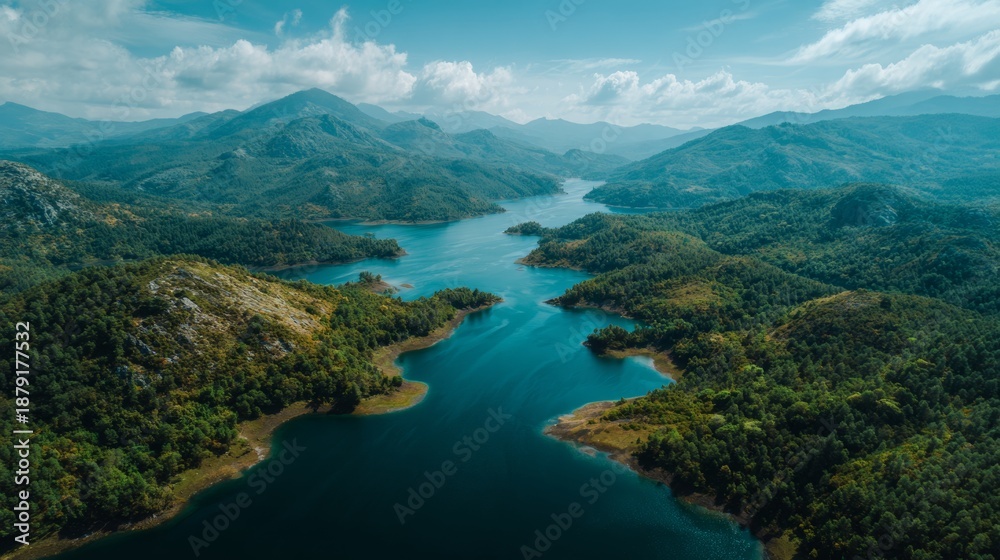 Obraz premium Aerial view of a large lake surrounded by green forest