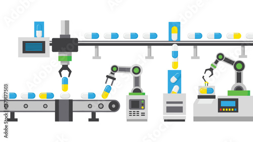 Advanced automated pharmaceutical factory showcasing robotic arms precisely handling and sorting capsules on multiple interconnected conveyor belts, symbolizing modern manufacturing.