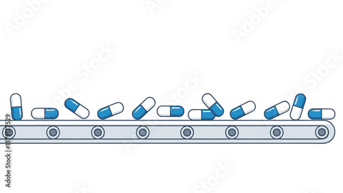 Continuous flow of blue and white pharmaceutical capsules steadily moving along a modern conveyor belt within a factory production line.