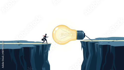 Dynamic illustration of a determined businessman courageously running across a perilous gap between two cliffs, ingeniously using a glowing lightbulb as a bridge.