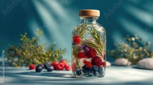Refreshing Infusion with Berries and Herbs in a Glass Bottle Light and Airy Composition.                             