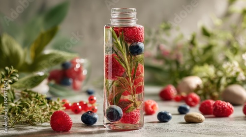 Refreshing Infusion with Berries and Herbs in a Glass Bottle Light and Airy Composition.                             