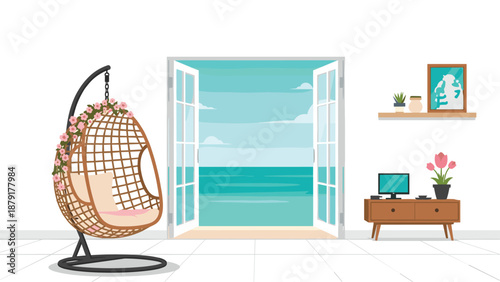 Inviting room featuring an open door that reveals a stunning beach and ocean view, complete with a comfortable hanging chair and stylish interior furniture.