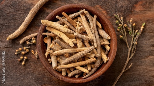 Shatavari Root (Asparagus racemosus) in Wooden Bowl, Top View - herb used for womenâ€™s health, vitality, and natural wellness.