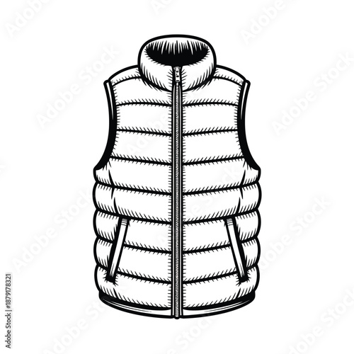 Puffer vest vector illustration in monochrome style isolated on white background warm and stylish sleeveless jacket for outdoor activities