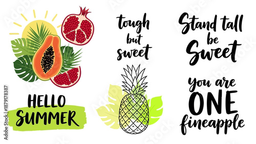 Vibrant Summer Fruits Illustrations Featuring Papaya Pineapple and Citrus with Inspirational Quotes