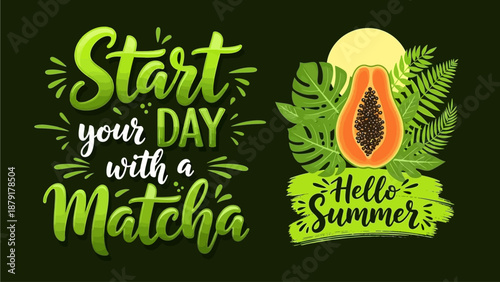 Vibrant Summer Greeting with Matcha and Papaya Illustration on Dark Background from a Front View
