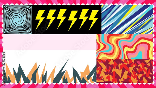 Vibrant abstract collage featuring swirling patterns and lightning bolts in a dynamic composition