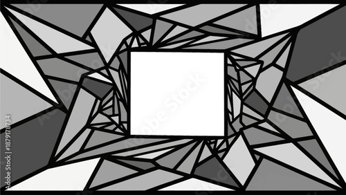 Geometric shapes form a complex pattern around a central white square, viewed from directly above in a symmetrical arrangement