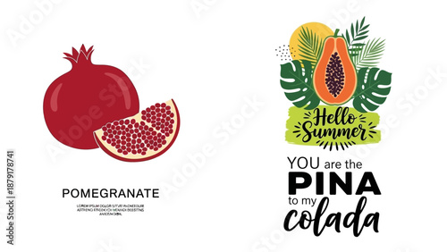 Vibrant summer illustration featuring pomegranate and pineapple with tropical leaves and typography
