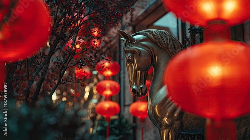 Golden horse statue surrounded by red lanterns for Chinese New Year  