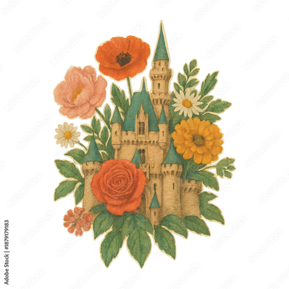Fototapeta premium PNG Whimsical castle surrounded by flowers.