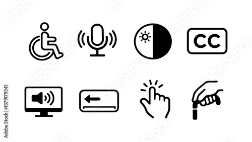 Set of accessibility icons: wheelchair, microphone, contrast, closed caption, volume, keyboard, touch, and grip