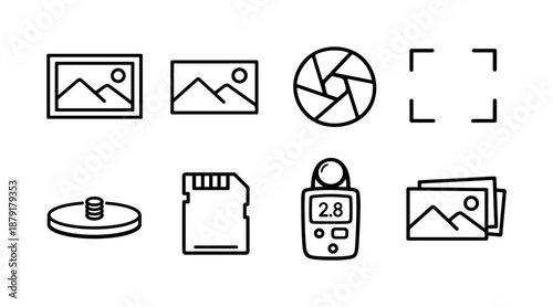 Photography icon set featuring camera, lens, and memory card in simple linear style