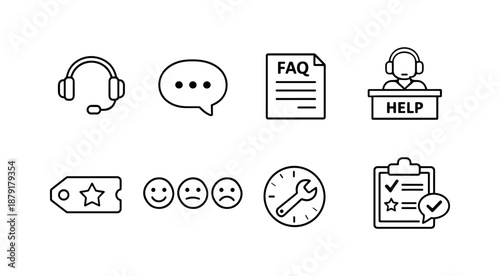 Customer support icon set featuring help desk, faq, ratings, and tools in simple line art style