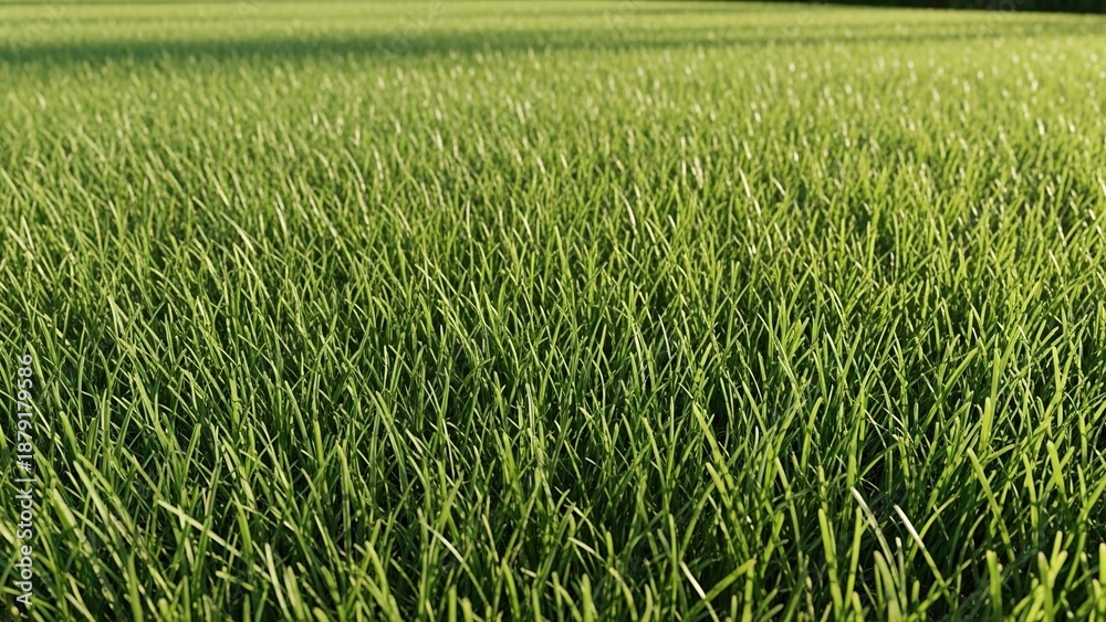 Obraz premium A serene and vibrant green grass field bathed in natural sunlight on a peaceful day