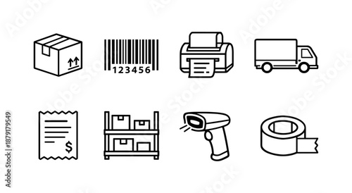 Logistics and shipping icons: barcode, printer, delivery, and more