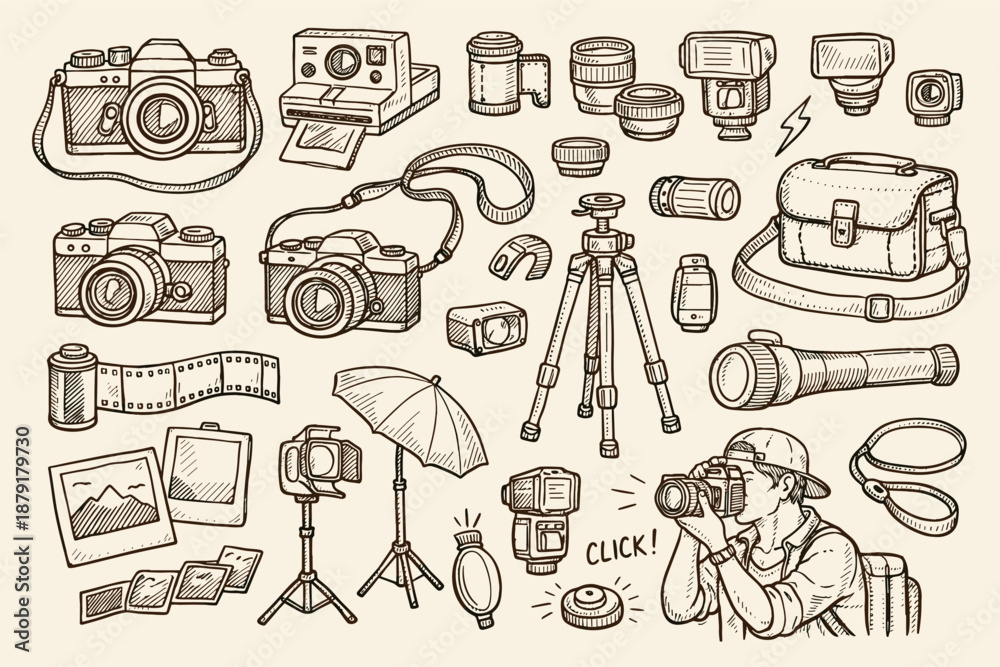 Obraz premium Hand drawn vintage camera collection with photography equipment and accessories