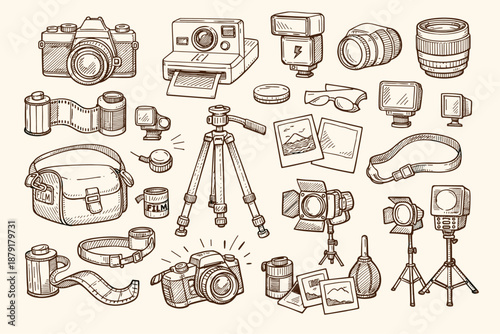 Vintage hand-drawn camera equipment collection in brown tones