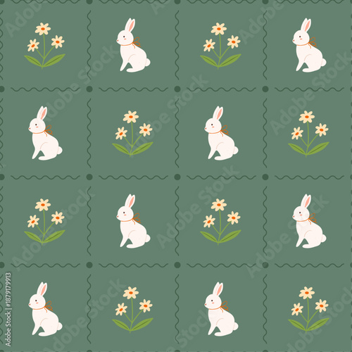 Mosaic spring pattern with flowers and bunny