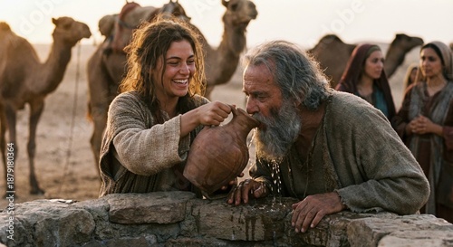 Isaac and Rebekah gather water at a well in a desert scene during biblical times in the Old Testament