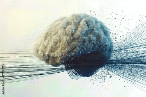 Digital brain with data particles on abstract background