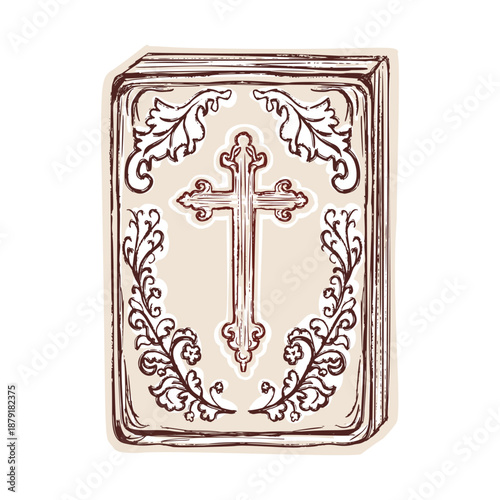 Hand drawn pretty bible book cover graphic desgin illustration. hand drawn black and white vector clip art of bookcover scripture, gospel, bible study journal sticker. Modern aesthetic with flourish